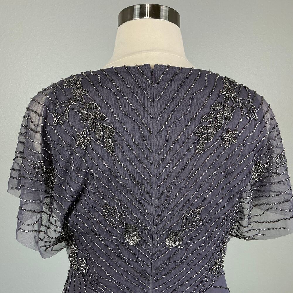 Adrianna Papell Beaded Short Flutter Sleeve Midi Sheath Gown Gray Size 14 Dress - Picture 10 of 13